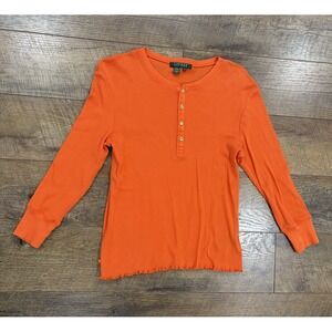 Vintage Y2k Ralph Lauren Long Sleeve Henley Top Baby Lettuce Hem Orange Medium‎